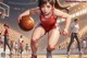 A girl in a red and white uniform dribbling a basketball.